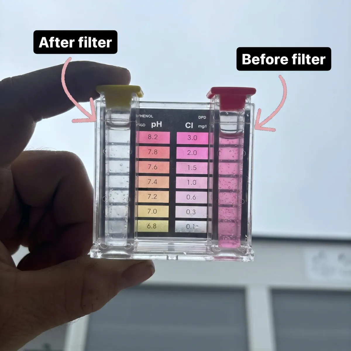 Water chlorine test comparison showing clear filtered water after the filter on the left and pink unfiltered tap water before the filter on the right