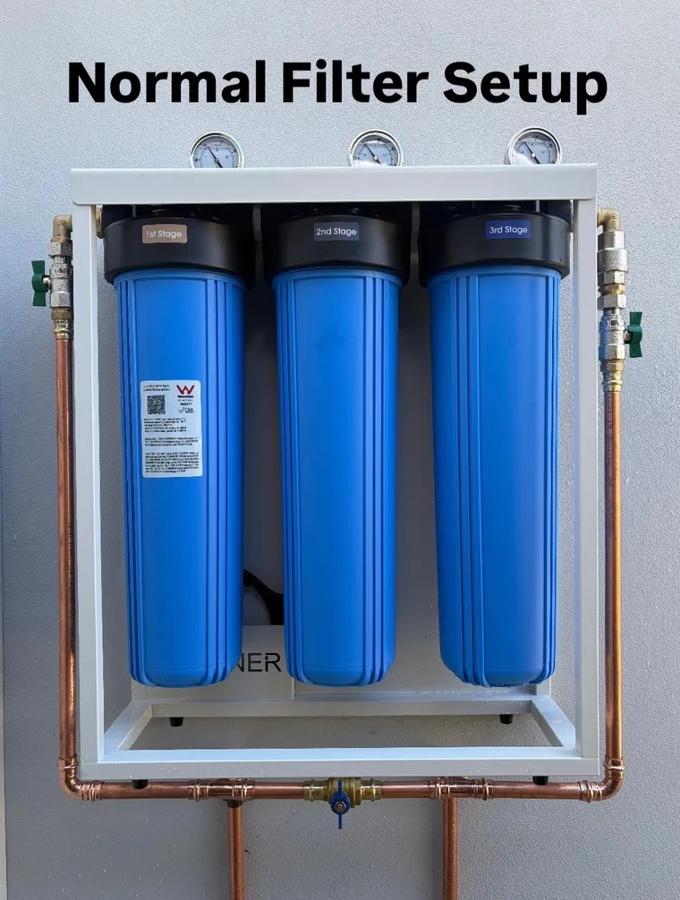 Whole house filtration system in the normal filtered setup: inlet and outlet valve handles in line with the pipes and the bypass valve underneath turned off