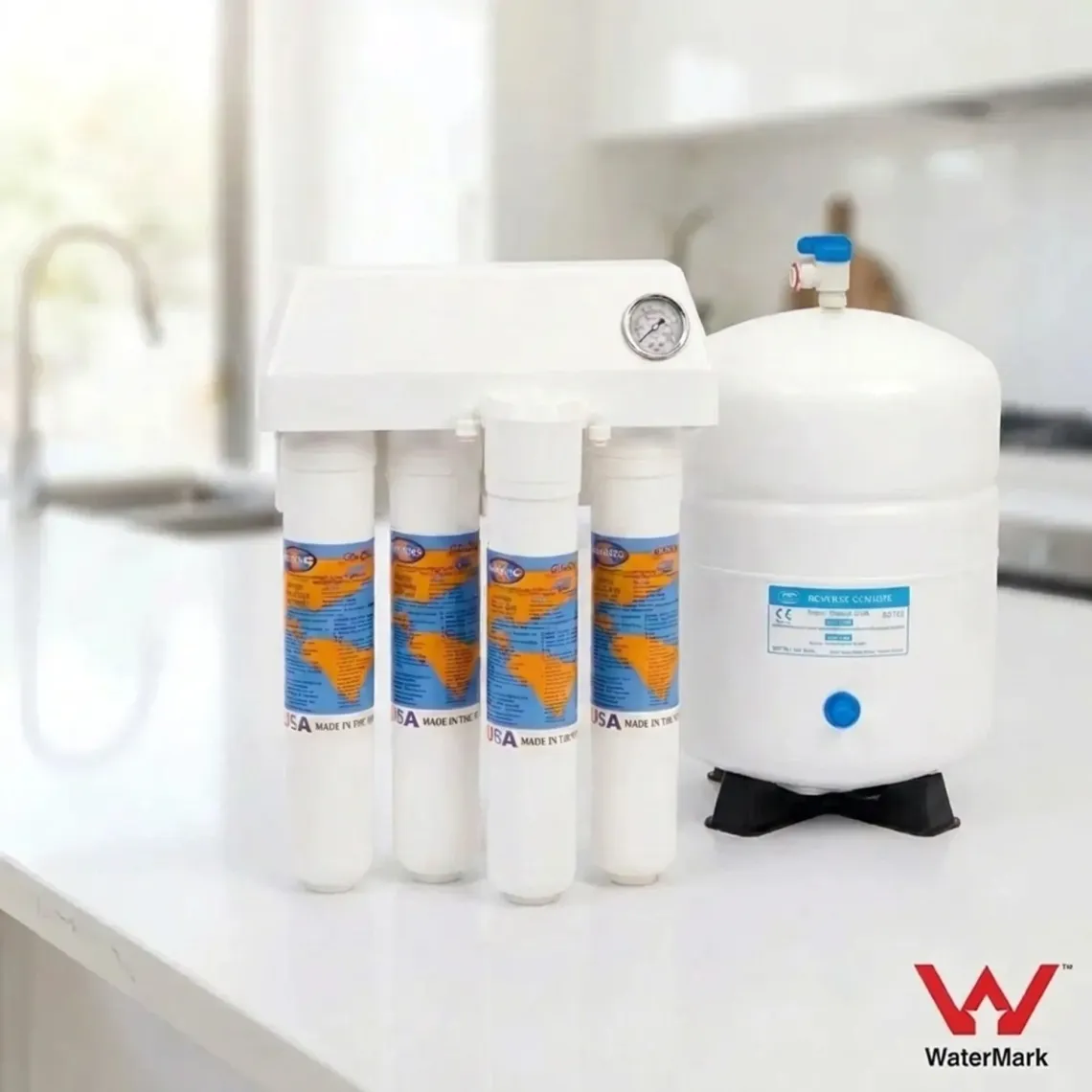 Reverse osmosis drinking water filtration system with storage tank, sitting on a kitchen benchtop