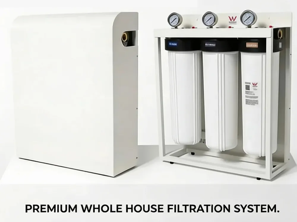 White whole house triple stage filtration system with three pressure gauges, beside its white powder-coated cover