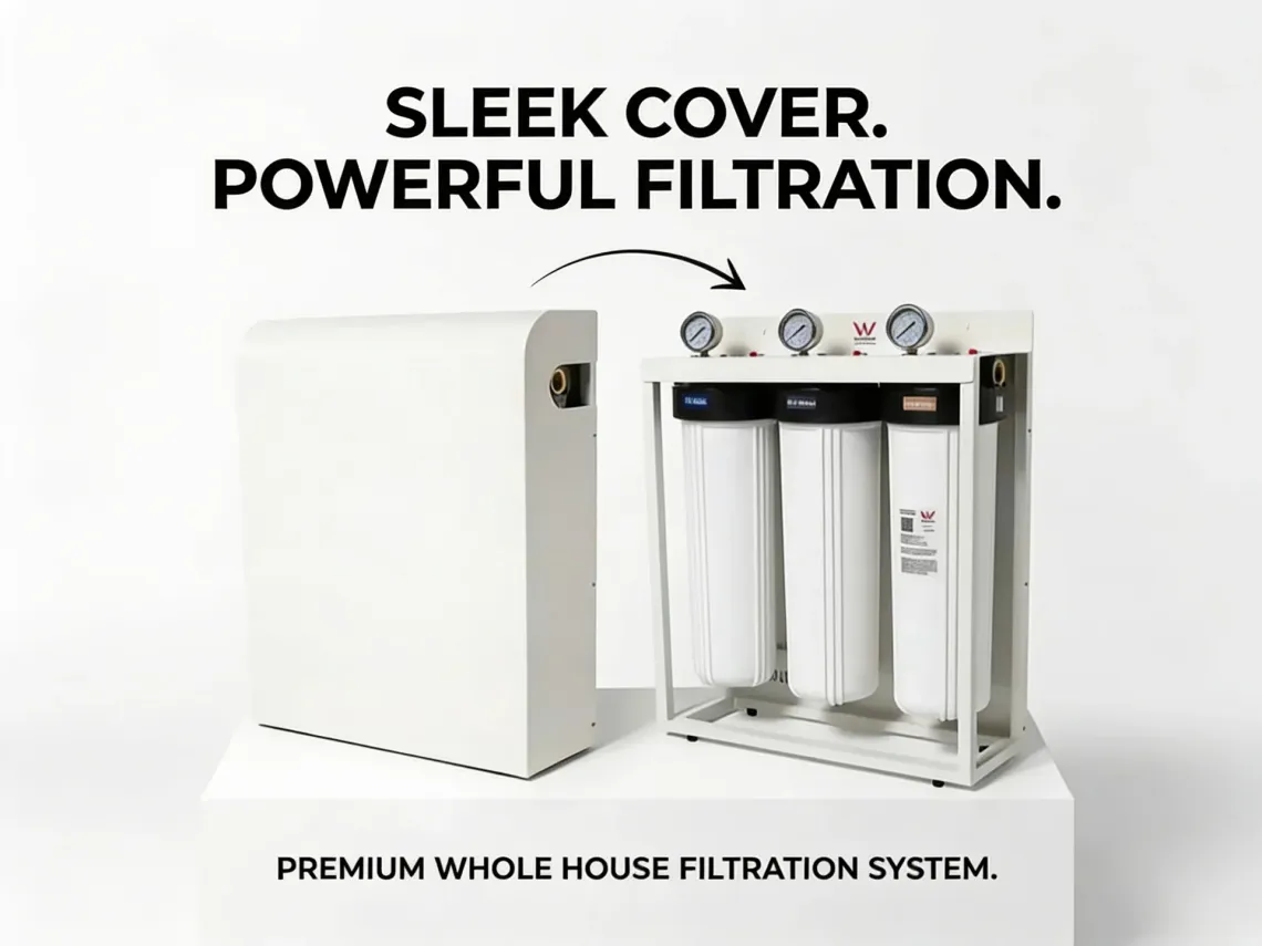Premium whole house triple stage water filtration system with a sleek cover